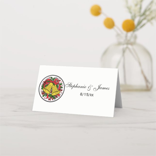 Christmas Bells Holly Red Ribbon Platzkarte (Vorderseite)