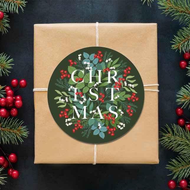 CHRISTMAS Berries Greenery Holiday Runder Aufkleber (CHRISTMAS Berries Greenery Holiday on 3" Green Round Stickers)