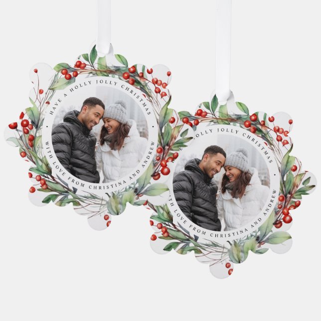 Christmas Berries Wreath Foto Square Ornament Karte (Vorderseite/Rückseite)