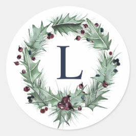 Christmas Berries Wreath Monogram Umschlag Aufkleb Runder Aufkleber