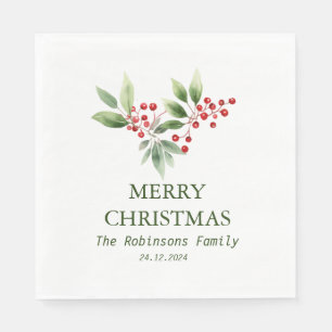 Christmas Berry Branch Watercolor Serviette