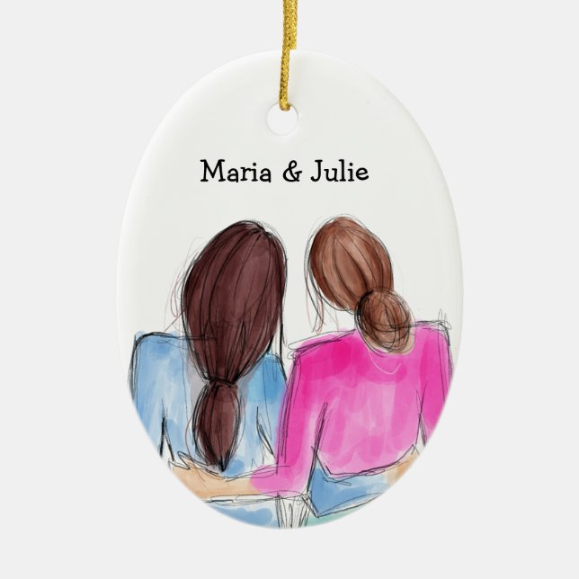 Christmas Best Friend Geschenk Zwei brünette Girls Keramik Ornament (Vorne)
