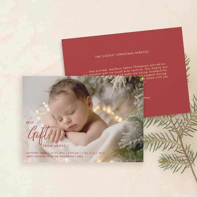 Christmas Best Gift Calligraphy Modern Baby Foto Ankündigung (christmas family card baby announcement best gift calligraphy simple elegant modern red gold)