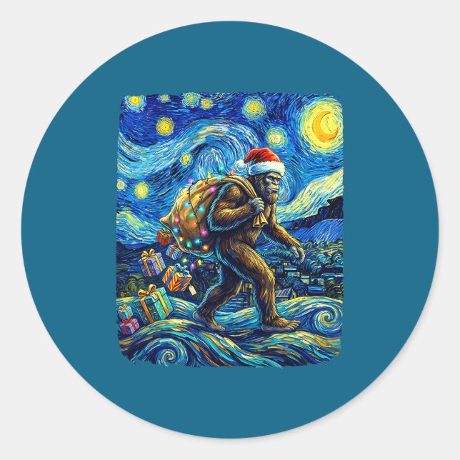 Christmas Bigfoot Santa Hat Van Gogh Starry Night  Runder Aufkleber (Vorderseite)