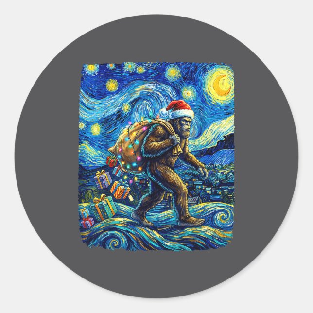 Christmas Bigfoot Santa Hat Van Gogh Starry Night  Runder Aufkleber (Vorderseite)