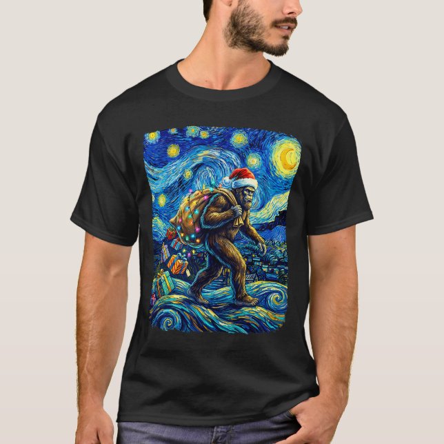 Christmas Bigfoot Santa Hat Van Gogh Starry Night  T-Shirt (Vorderseite)