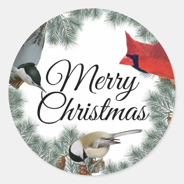 Christmas Bird Kardinal Nuthatch Chickadee Pine Runder Aufkleber (Vorderseite)