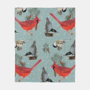 Christmas Bird Kardinal Nuthatch Chickadee Snow Fleecedecke