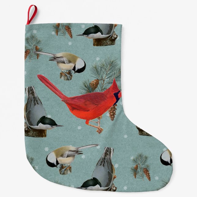 Christmas Bird Kardinal Nuthatch Chickadee Snow Großer Weihnachtsstrumpf (Vorderseite)