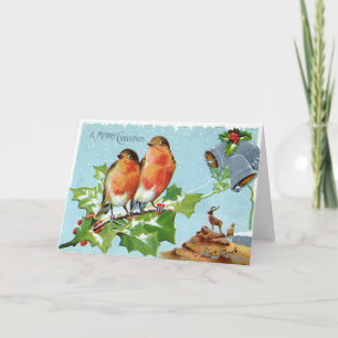 Christmas Bird Songbird Holly Snow Reindeer Bell Feiertagskarte