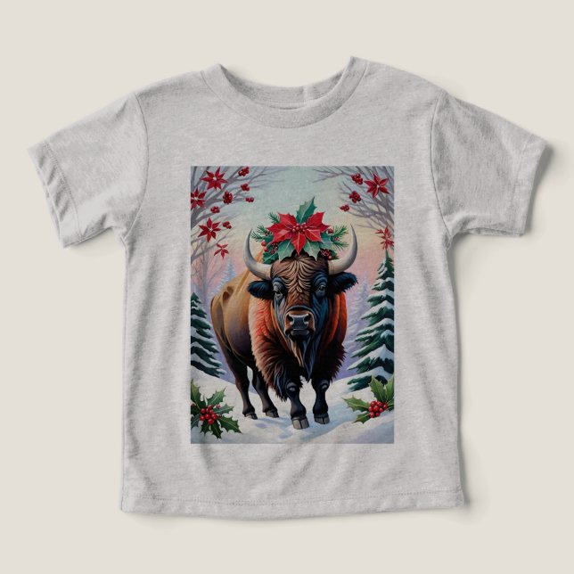 Christmas Bison With Big Horns Snow & Poinsettias (Design Vorderseite)