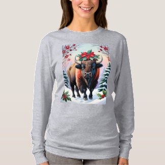 Christmas Bison With Big Horns Snow & Poinsettias T-Shirt
