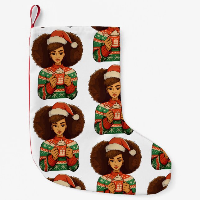 Christmas Black Afro Girl Xmas Weihnachtsmannmütze Kleiner Weihnachtsstrumpf (Vorderseite)