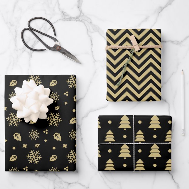 Christmas Black And Gold Snowflake Tree Pattern Geschenkpapier Set (Vorderseite)