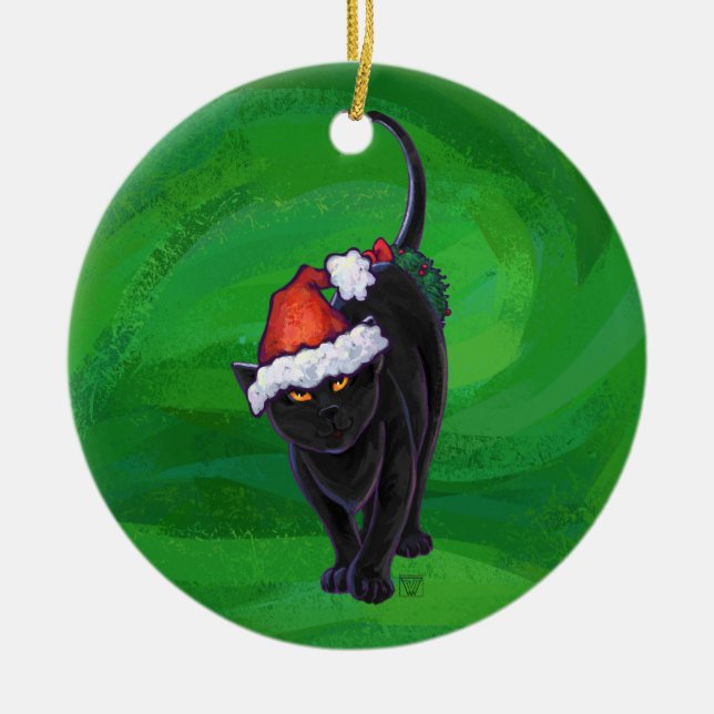 Christmas Black Cat auf Green Keramikornament (Vorne)