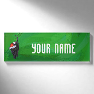 Christmas Black Cat auf Green Namenschild