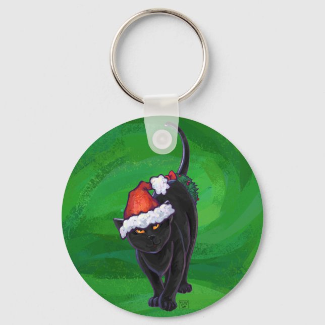 Christmas Black Cat auf Green Schlüsselanhänger (Vorderseite)