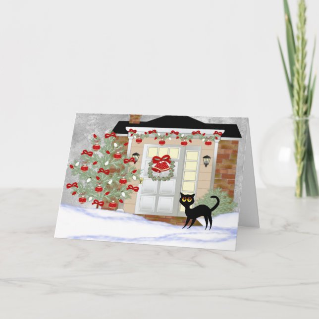 Christmas Black Cat Feiertagskarte (Vorderseite)