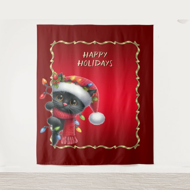 Christmas Black Cat Holiday Backdrop Wandteppich (Vorderseite)