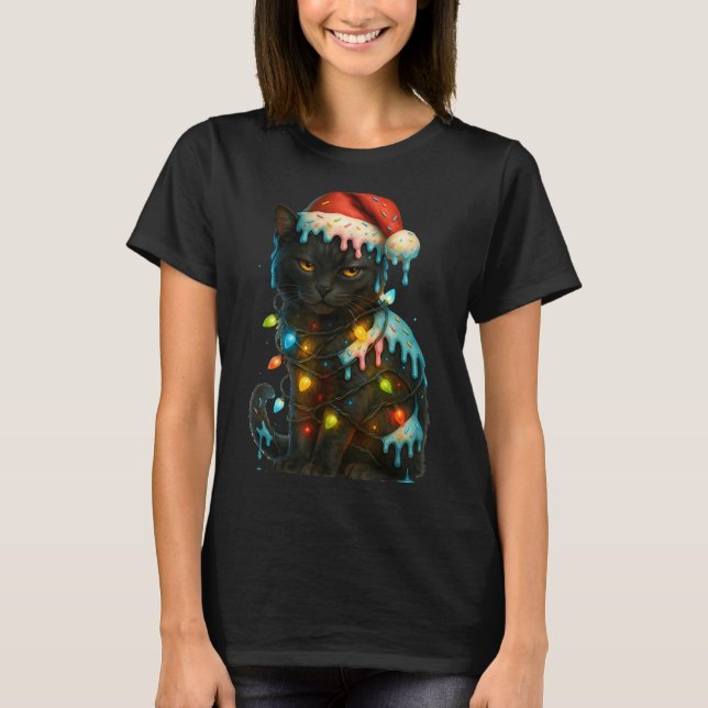 Christmas Black Cat Ice Cream Drip Santa Hat Cute  T-Shirt (Vorderseite)