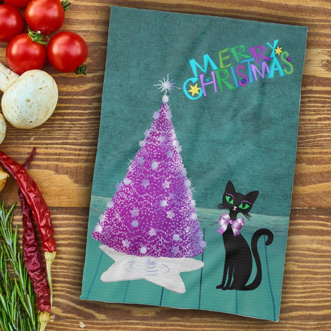Christmas Black Cat Pink Silver Tree Teal Room Geschirrtuch (Pink silver Christmas tree black cat in teal coloured room on Merry Chrismtas kitchen towel.)