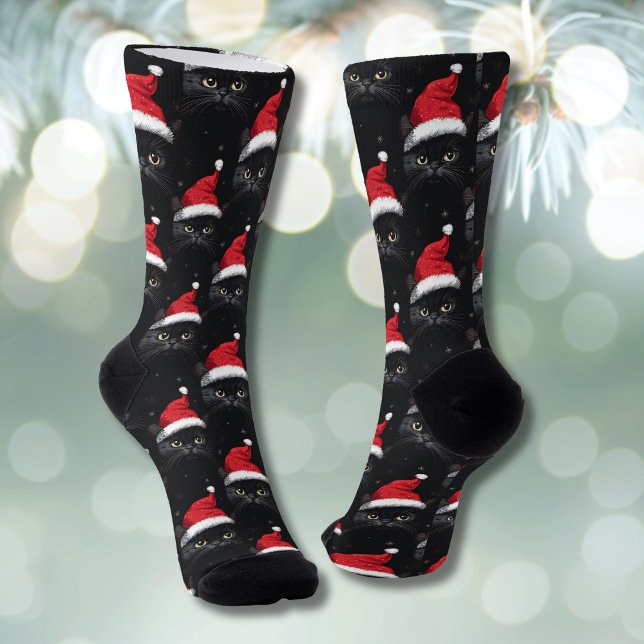 Christmas Black Cat Santa Funny Socken (Von Creator hochgeladen)