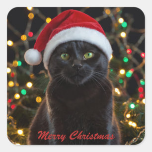 Christmas Black Cat - Weihnachtsmannmütze Personal Quadratischer Aufkleber