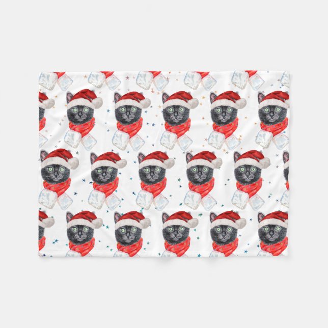 Christmas Black Cat with Red Scarf Fleecedecke (Vorderseite (Horizontal))