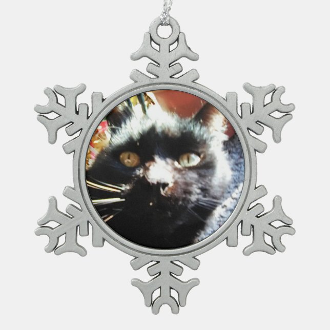 CHRISTMAS BLACK CAT-Zierwerk Schneeflocken Zinn-Ornament (Vorderseite)
