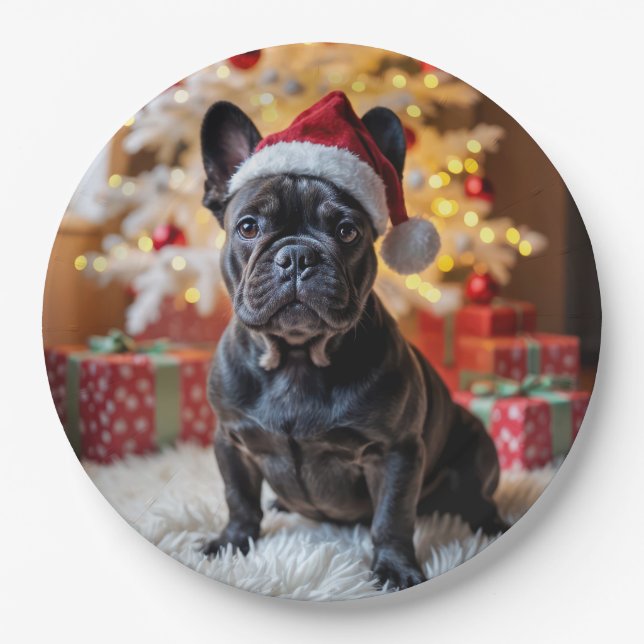 Christmas Black French Bulldog Pappteller (Vorderseite)