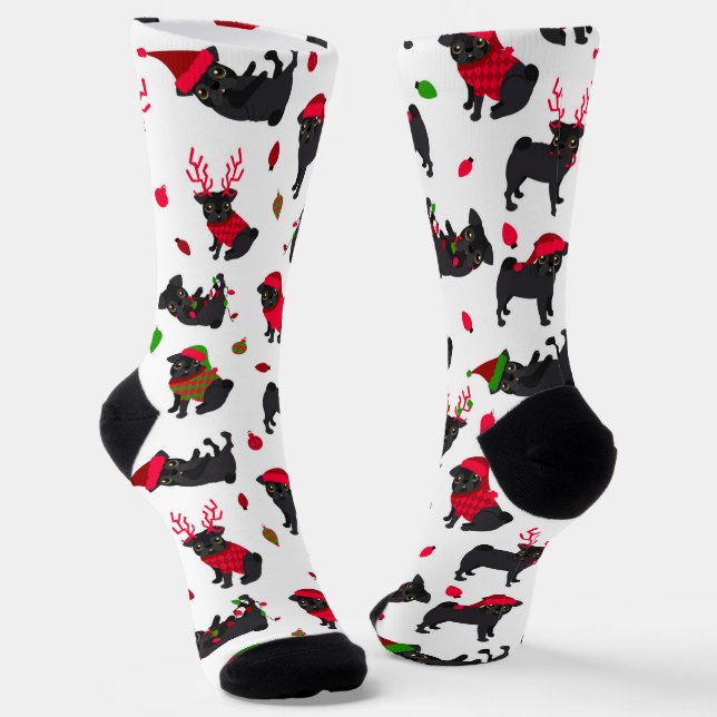 Christmas Black Möpse White Socken (Gewinkelt)