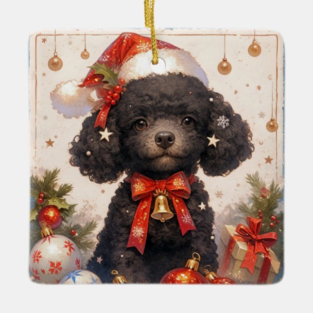 Christmas Black Poodle Dog Keramikornament (Vorderseite)