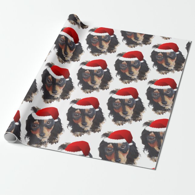 Christmas Black Tan Long Hairs Dackel Weihnachtsma Geschenkpapier (Ungerollt)