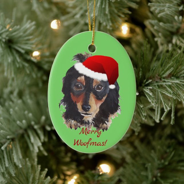 Christmas Black Tan Long Hairs Dackel Weihnachtsma Keramik Ornament (Baum)