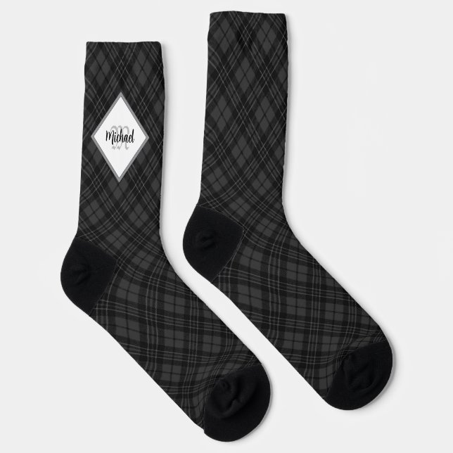 Christmas Black white tartan Personalize Monogram Socken (Rechts)