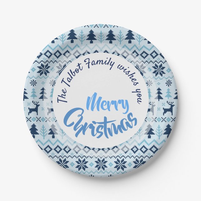 CHRISTMAS Blaues Hirschmuster personalisiert P-Pla Pappteller (Vorderseite)