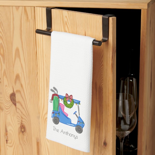 Christmas Blue Golf Cart Personalisiert Preppy Geschirrtuch (Drittel gefaltet)