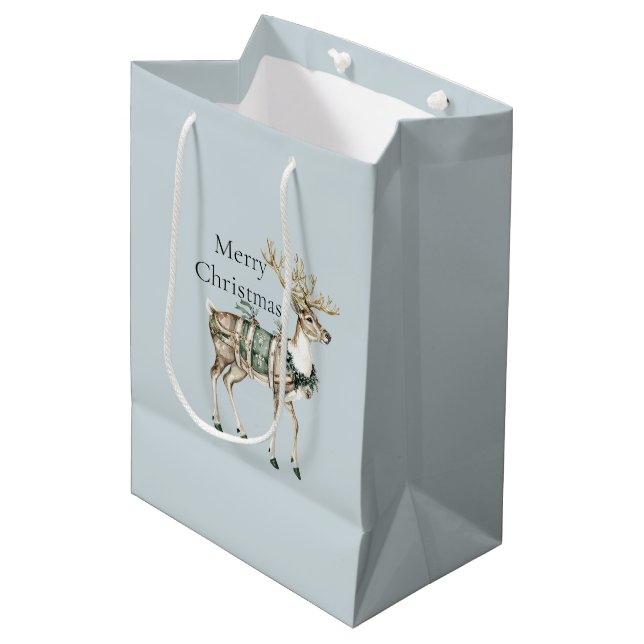 Christmas Blue Green Deer Mittlere Geschenktüte (Vorderseite Schrägansicht)