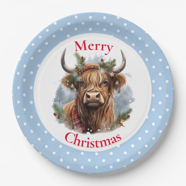 Christmas Blue Highlander Cow Pappteller (Vorderseite)