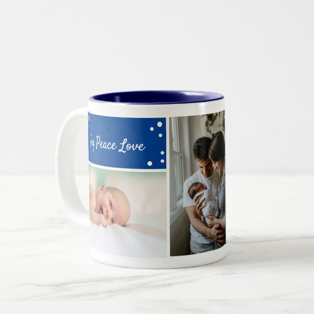 Christmas Blue Holiday Foto Collage Zwei-Tone-Zwei Zweifarbige Tasse (Vorderseite Links)