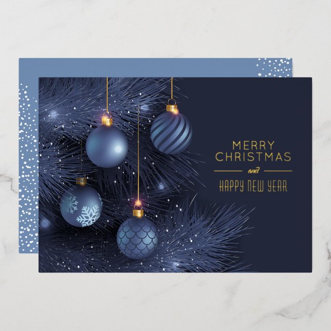 Christmas Blue Ornaments Gold Folieneinladung (Vorderseite/Rückseite)