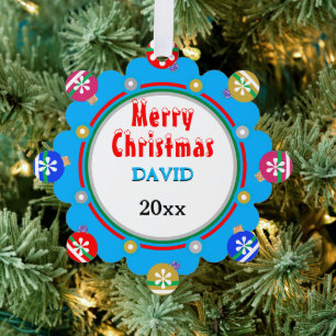 Christmas Blue Red Gold Snowflakes Boy NAME Ornament Karte