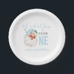 Christmas Blue Santa First Geburtstag Pappteller<br><div class="desc">Oh,  was Spaß,  es ist eins zu sein! Weihnachts blauer Weihnachtsgeburtstag Teller mit Aquarellblau santa.</div>