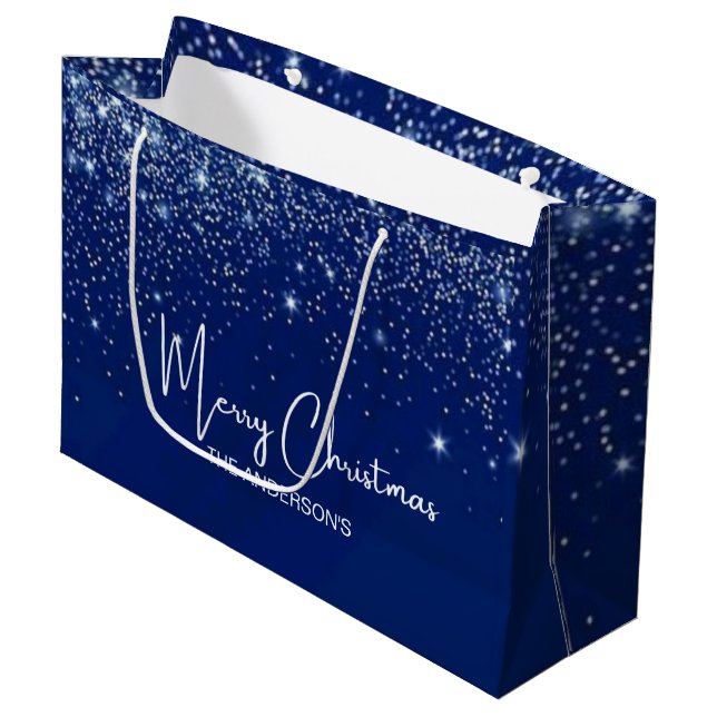 Christmas blue silver white glitter family name  große geschenktüte (Vorderseite Schrägansicht)