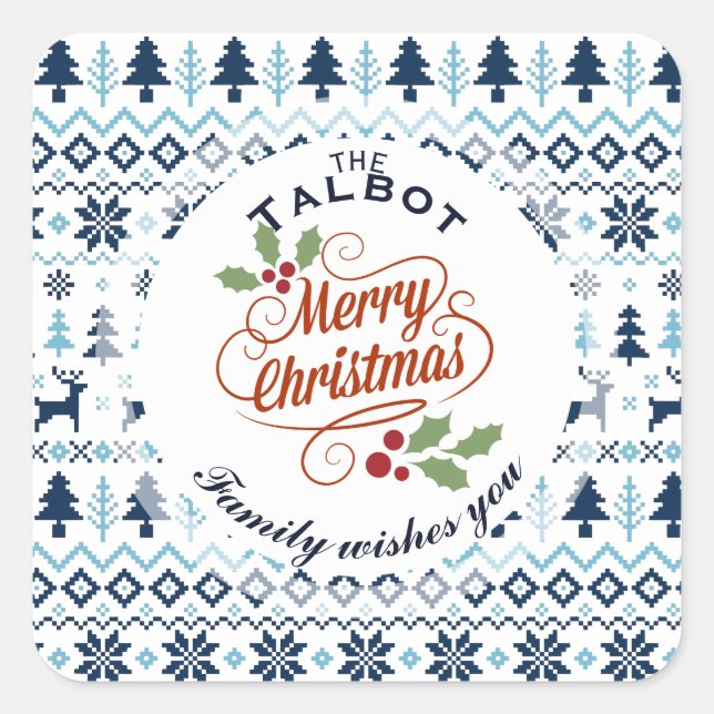 CHRISTMAS Blue Traditionelle personalisierte R-Auf Quadratischer Aufkleber (Vorderseite)