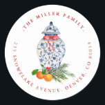 Christmas Blue und weiße Ginger-jar-Adresse Runder Aufkleber<br><div class="desc">Elegante und festliche handgemalte Ingwer-Glas mit Aquarell-Rücksendeadresse.</div>