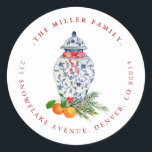 Christmas Blue und weiße Ginger-jar-Adresse Runder Aufkleber<br><div class="desc">Elegante und festliche handgemalte Ingwer-Glas mit Aquarell-Rücksendeadresse.</div>