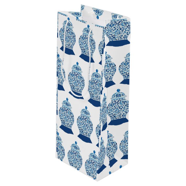 Christmas Blue und White Ginger Jar Geschenktüte Für Weinflaschen (Vorderseite Schrägansicht)