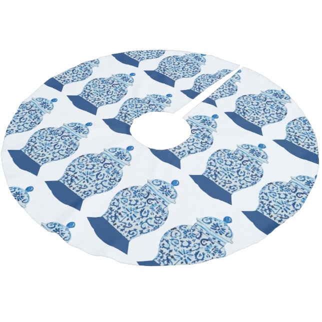 Christmas Blue und White Ginger Jar Polyester Weihnachtsbaumdecke (Schrägansicht)
