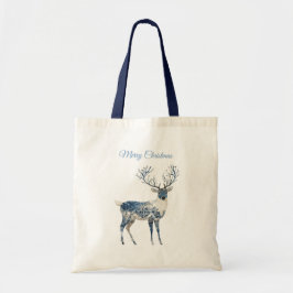 Christmas Blue White Chic Deer & Fox Tragetasche